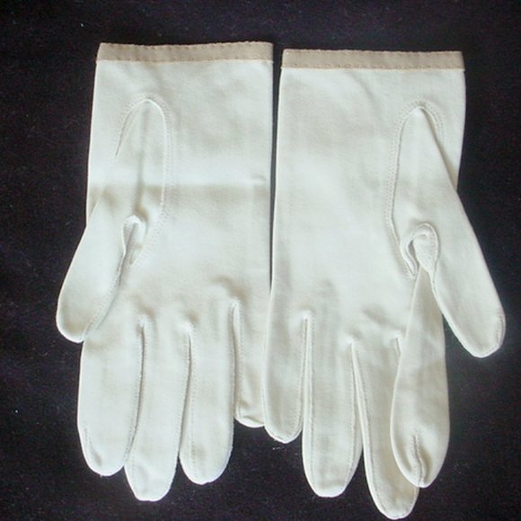 VINTAGE GLOVES BEIGE WITH BROWN APPLIQUE TRIM SMALL SIZE - Picture 4 of 5
